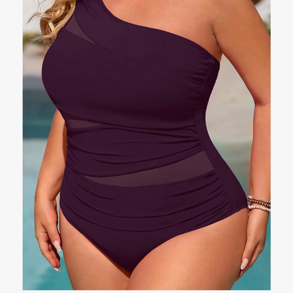 Plus Size One-Shoulder Mesh-Panel Swim One-Piece in Deep Purple